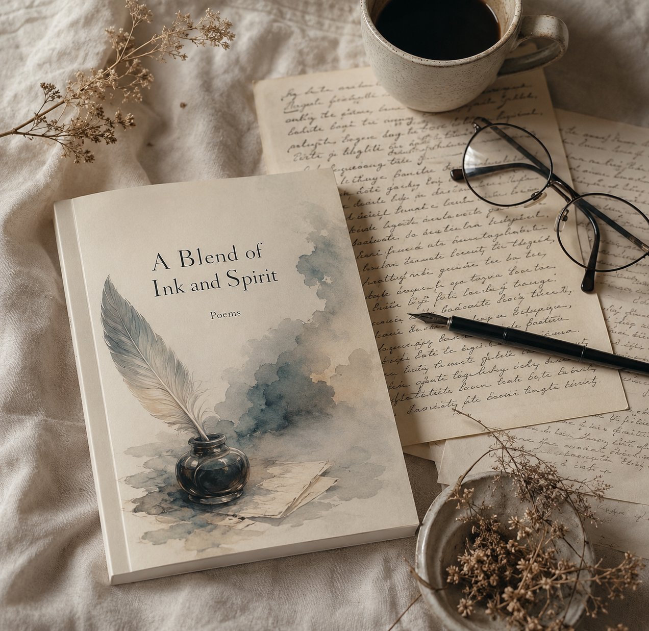 A Blend of Ink and Spirit, beside handwritten manuscript pages