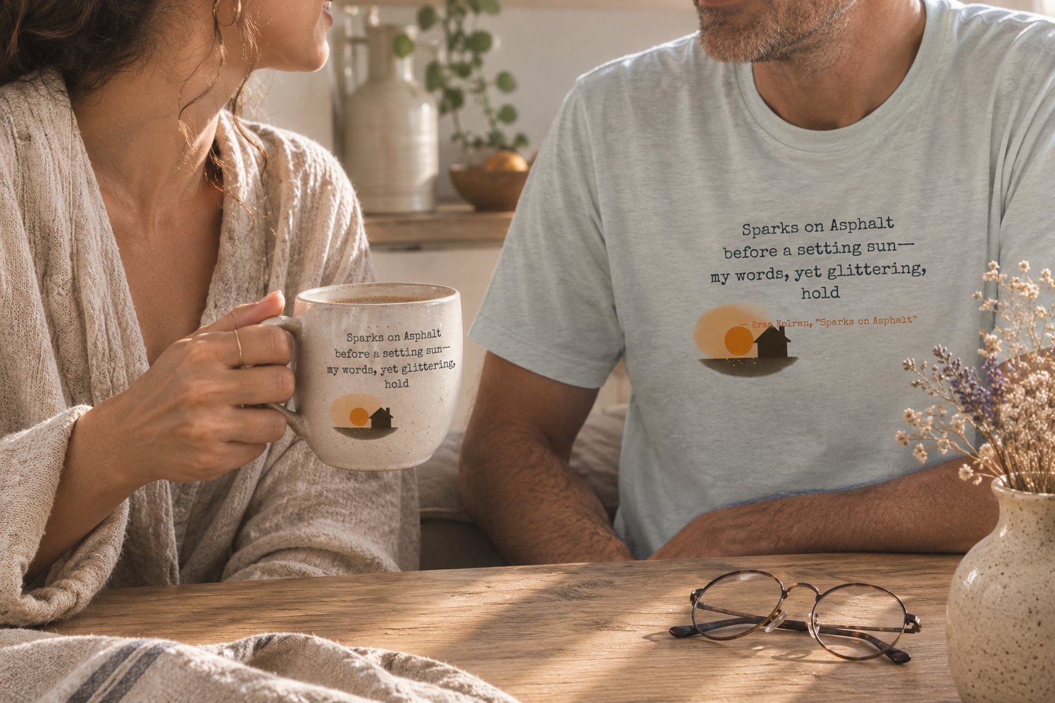 The finished poem, carried on a mug and a shirt at home