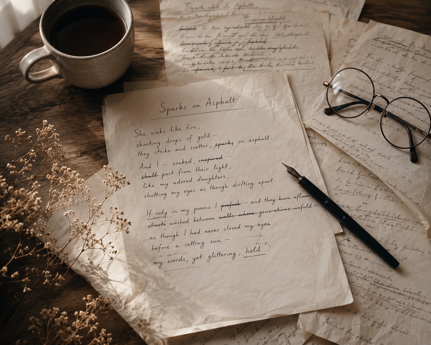 A handwritten draft of the poem “Sparks on Asphalt”